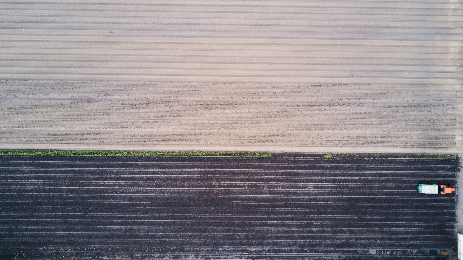 Trator trabalhando em área agrícola visto do alto