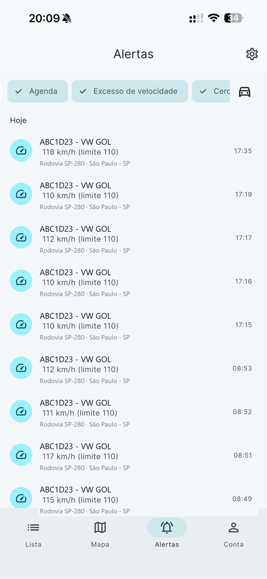 Tela do Zotrak com alertas de velocidade organizados por veículo