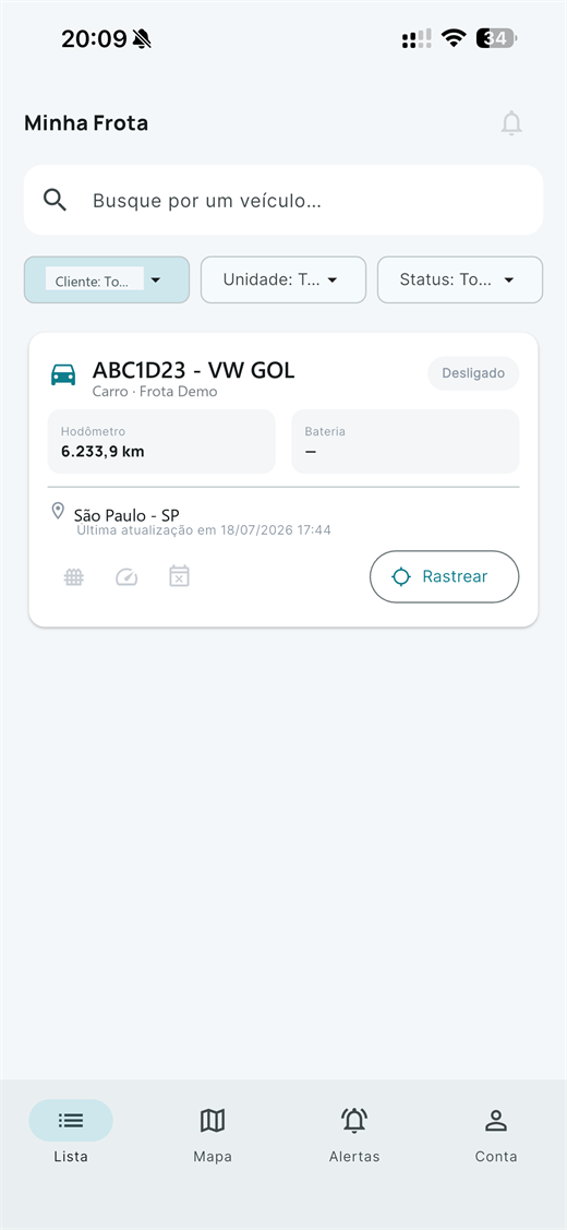 Tela do Zotrak com lista, filtros e status dos veículos