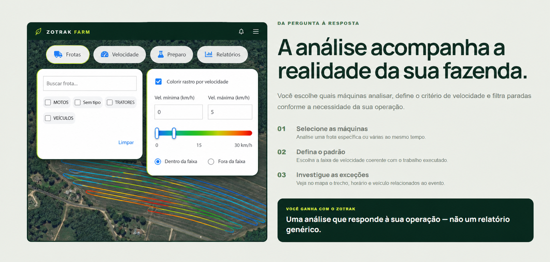 Seleção de máquinas e configuração completa da faixa de velocidade sobre o mapa da operação